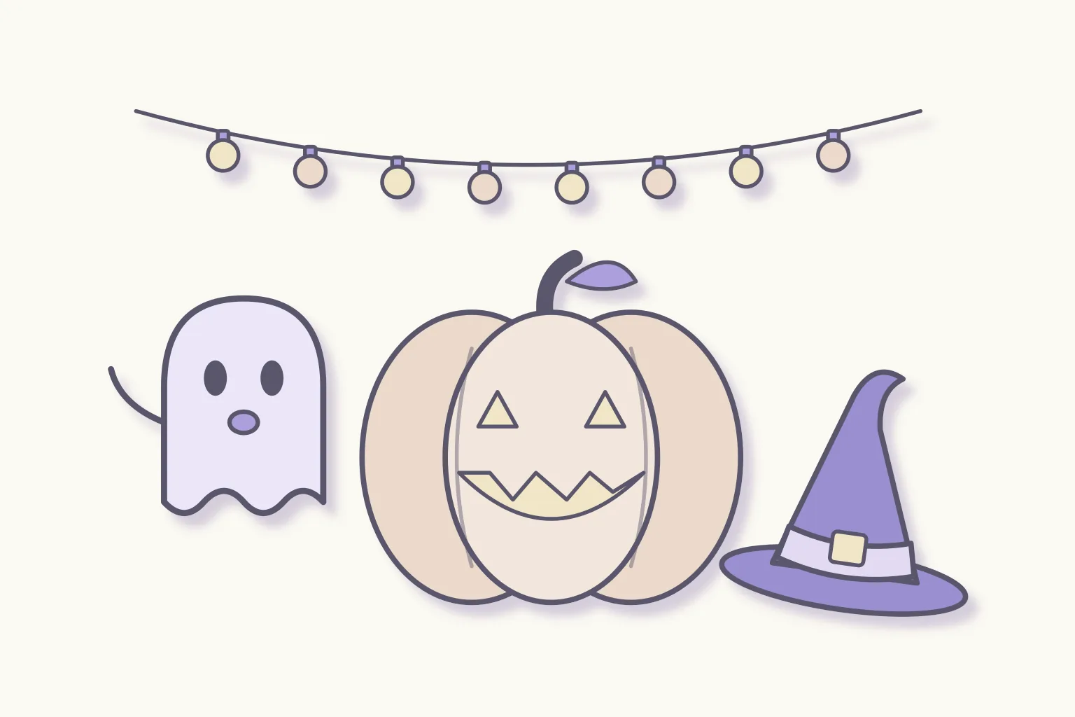 Zucca intagliata, fantasmino, cappello da strega, filo di luci LED e denti da vampiro
