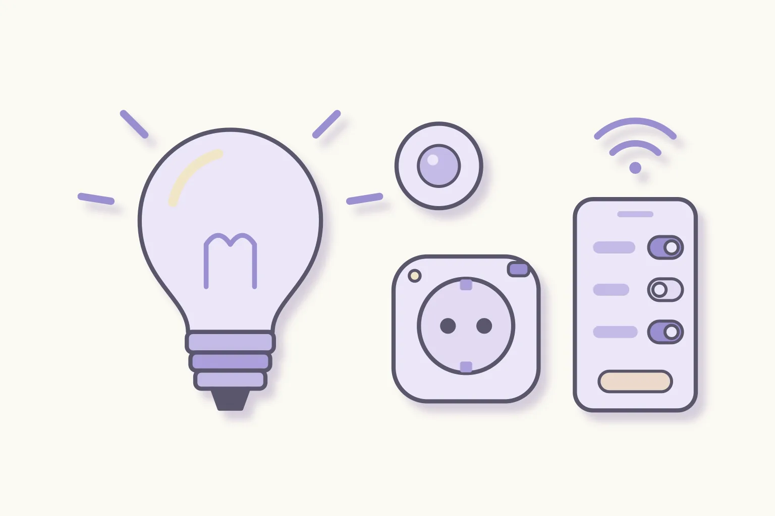Lampadina smart accesa, presa smart, piccolo sensore e telefono con l'app per comandarli